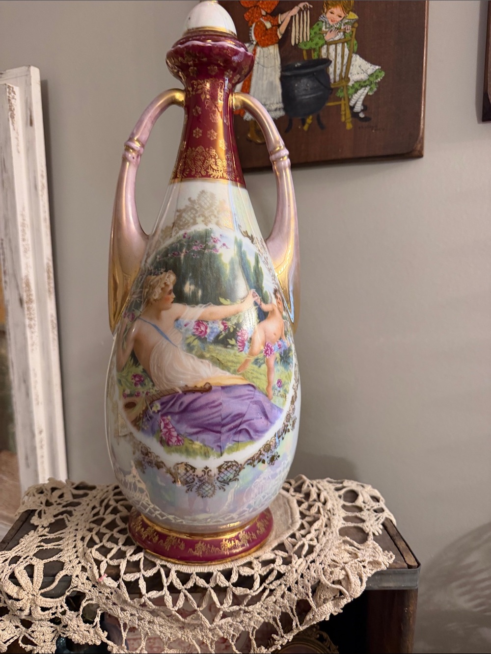 Ornate Porcelain Decorative Vase in Pink, Purple and Gold